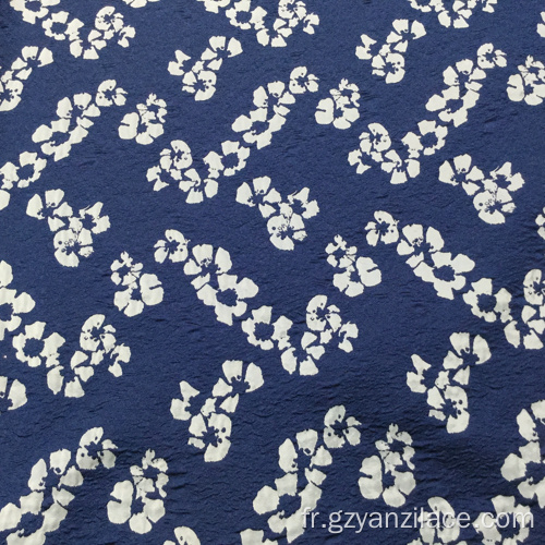 Tissu Jacquard Fantaisie Bleu Fleur Blanche